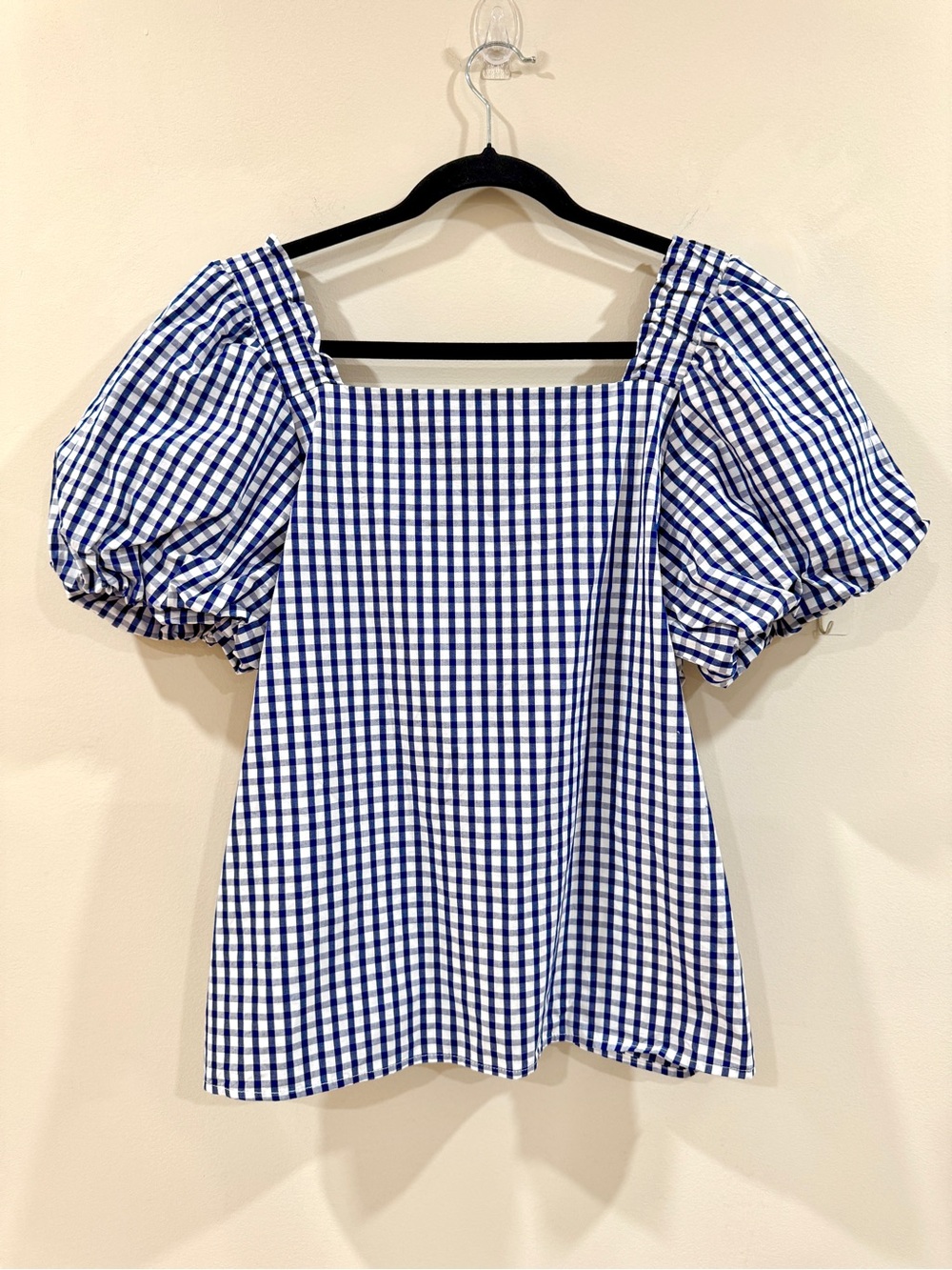 CeCe Blue White Gingham Puff Sleeve Cotton Blouse Square Neck Top M - Picture 2 of 7